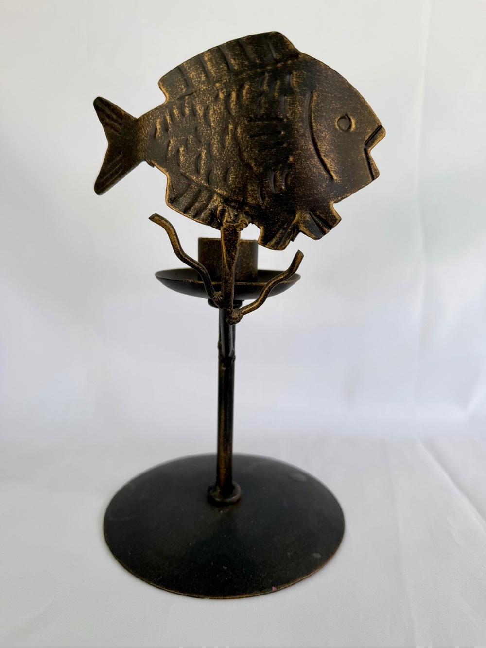 Vintage Bronze Colored Metal Fish Taper Candle Holder EUC